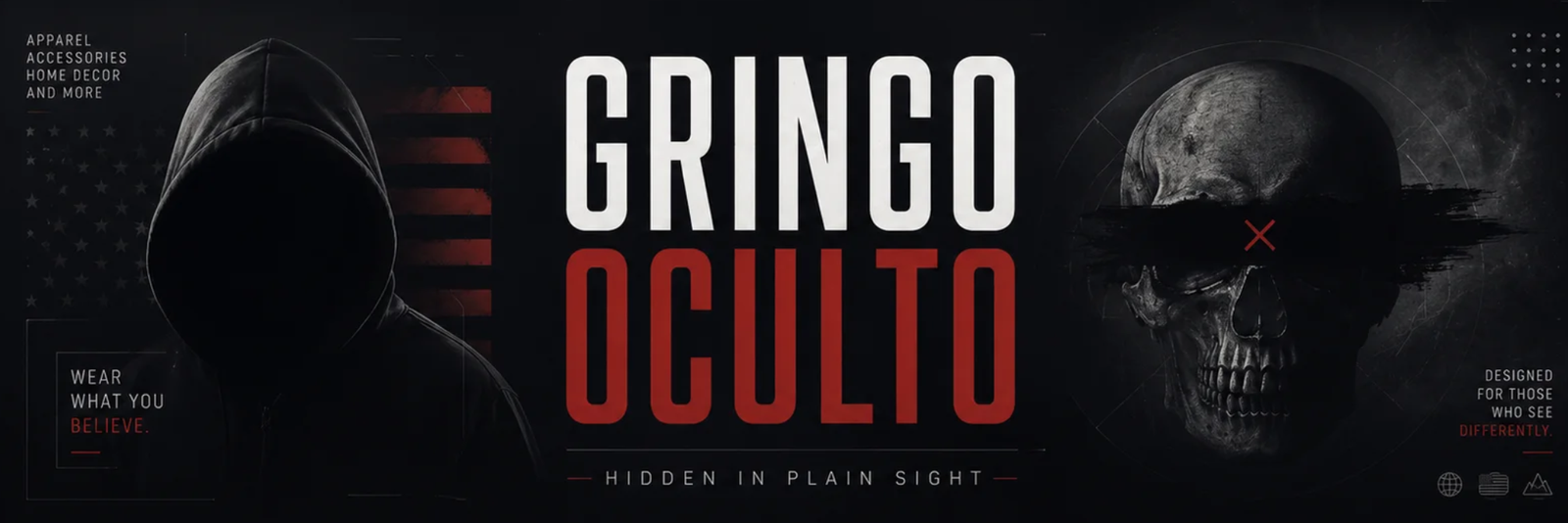 Gringo Oculto: Hidden in Plain Sight, with a hooded figure and skull.