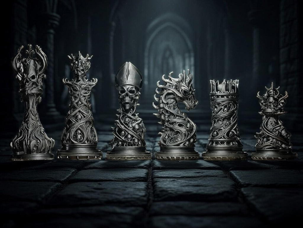 Gothic Skull Chess Set – Dark Fantasy 3D Printed Chess Pieces – Gift for Gamers & Collectors