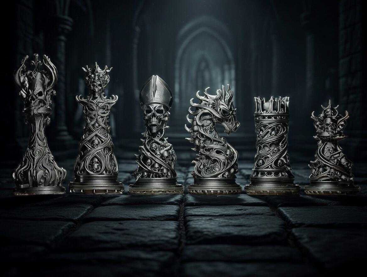 Gothic Skull Chess Set – Dark Fantasy 3D Printed Chess Pieces – Gift for Gamers & Collectors
